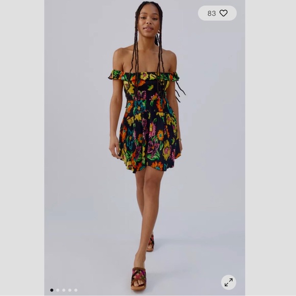URBAN OUTFITTERS  AUBREY OFF THE SHOULDER SMOCKED RUFFLE MINI DRESS MULTICOLOR - Picture 15 of 15